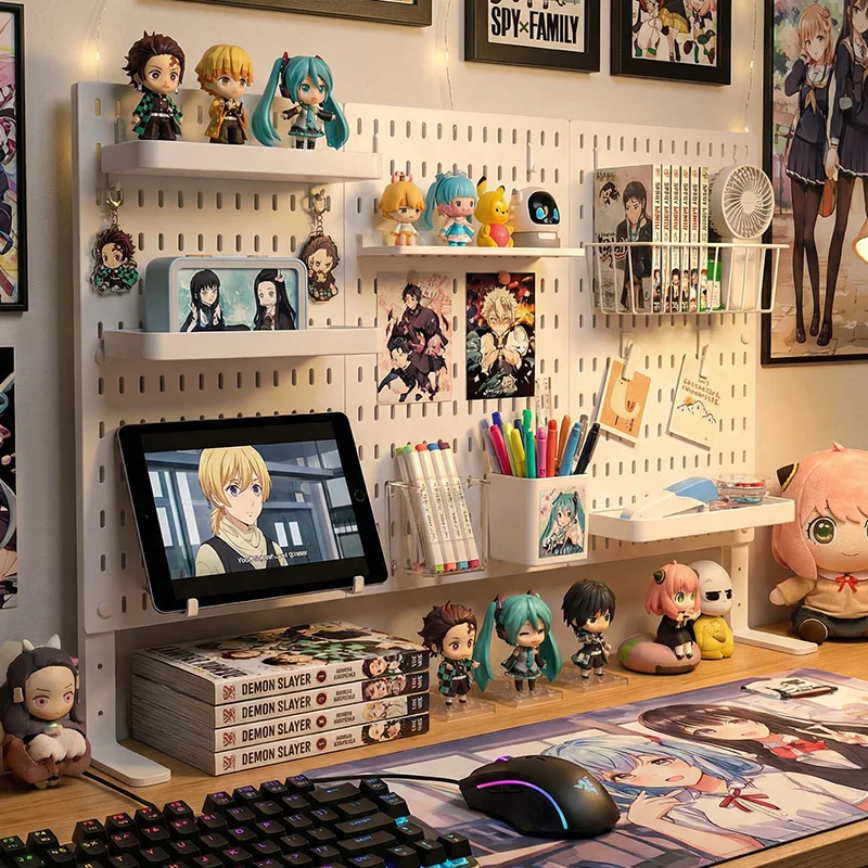 Customizable Desktop Pegboard Organizer No Drill For Anime Gaming Desk Figure Keychain Badge Stationery Storage Hooks