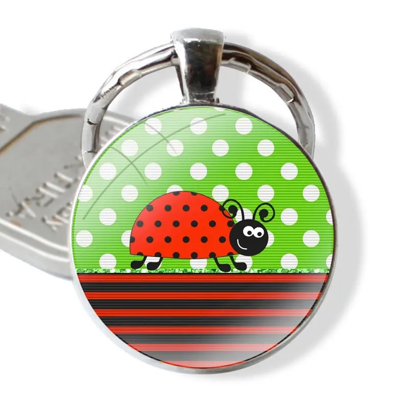 Glass Metal Pendant Key Chain Classic Men Women Key Ring Accessories Jewelry Gifts Lady Bugs