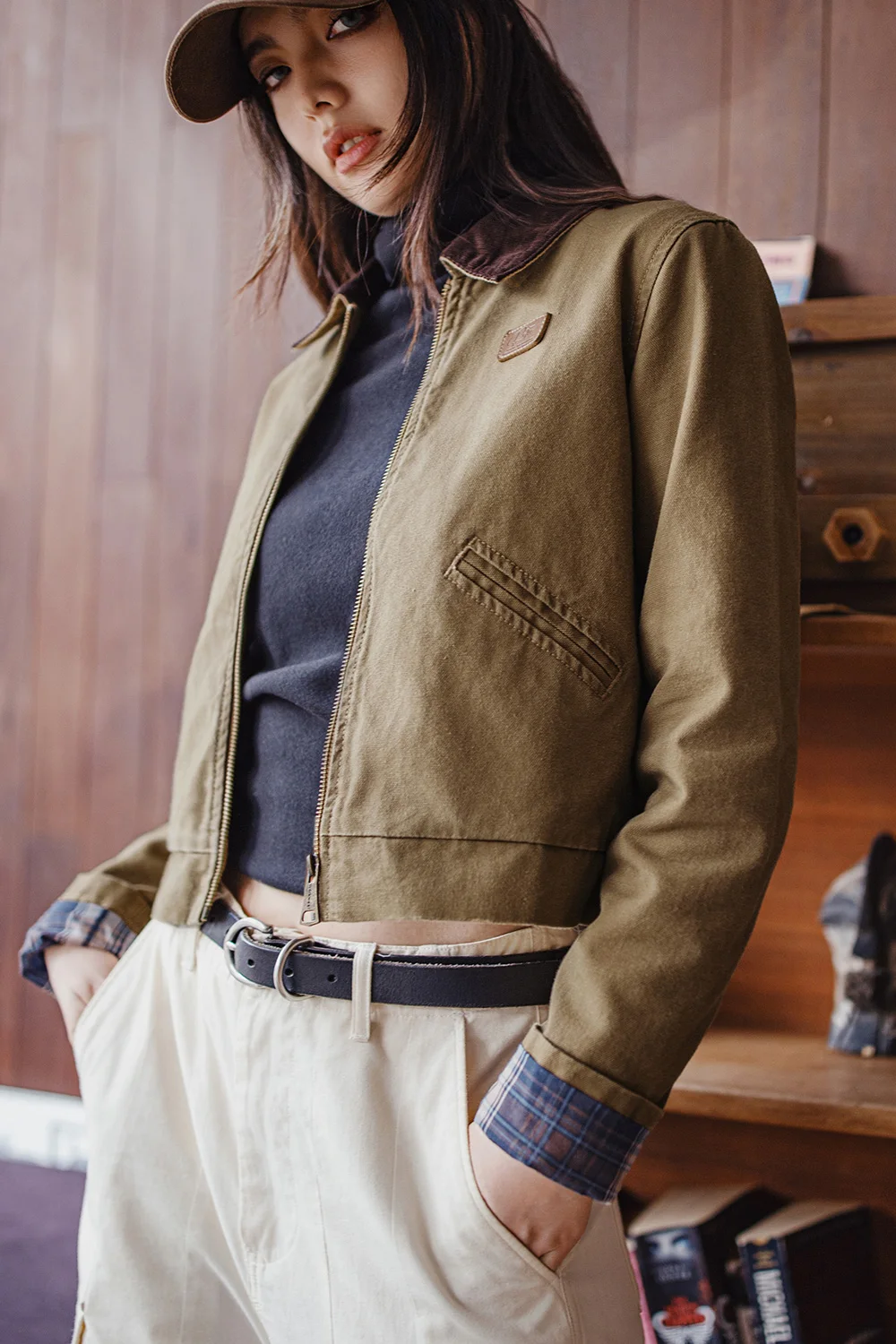 Maden Khaki Detroit Kurtki dla kobiet Vintage Wywijany kołnierz Odzież robocza Kurtka Wiosna i jesień Płócienny płaszcz Slim Fit — zdjęcie 6