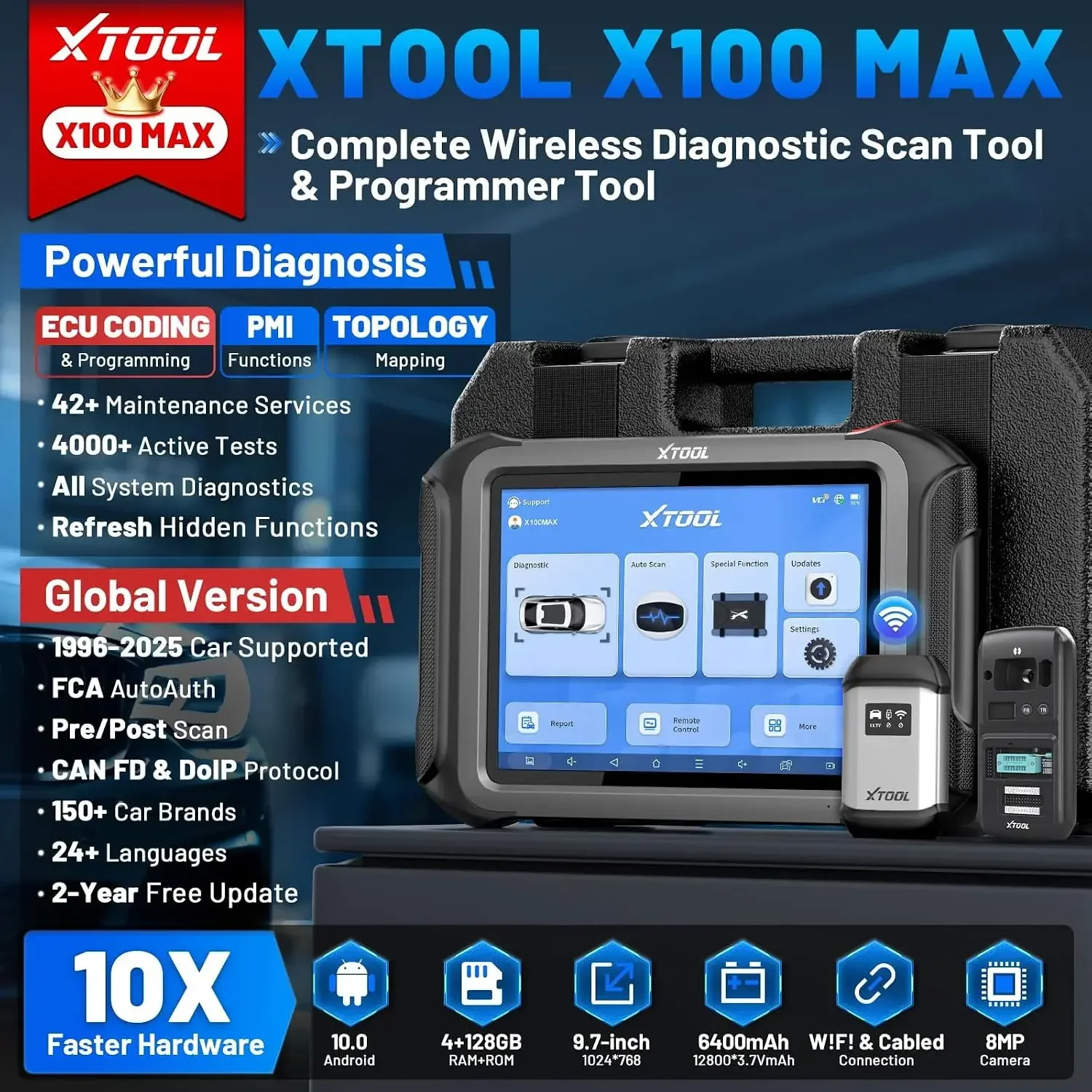 XTOOL X100 MAX AI-Assisted Bidirectional Scan Tool, ECU Programming/Coding | Wireless Automotive Diagnostic Tool with Topology Map and [KC501 Adapter], 42+ Resets, FCA/CAN FD/DoIP, 2-Year Free Updates