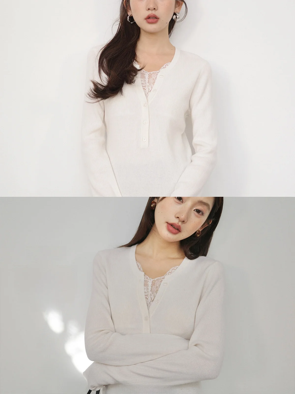 

Slim Fit Long Sve Wool Knitted Lace Patchwork Base irt Independent Bug 25AW "Mysterious" Women's Faion Sweater