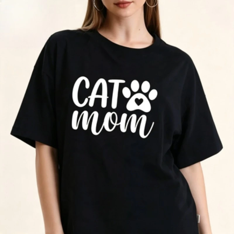 Pet Mom Women Cotton T Shirt Cat Mom Cute Cat Paw Heart Graphic Kitten Owner Simple Letter Print Casual Summer Tops
