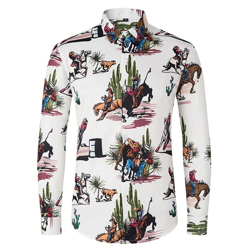 

Ковбойская дизайнерская одежда в стиле вестерн, мужская рубашка с длинным рукавом и принтом, тонкие майки, уличная одежда, 2024, роскошные мужские классические рубашки на пуговицах