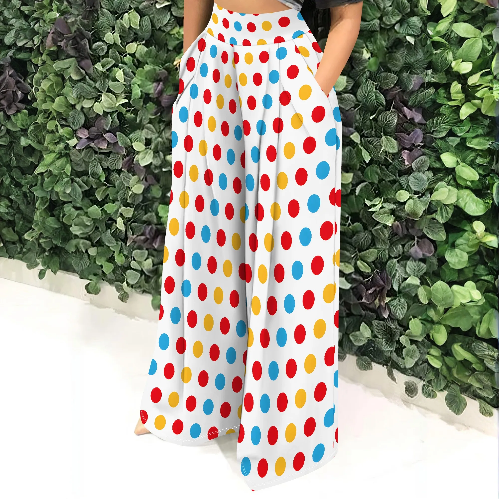 Colorful Dots Wide Leg Pants, Polka Dot Trousers, High Waist Lounge Pants with Pockets for Women, S-2XL