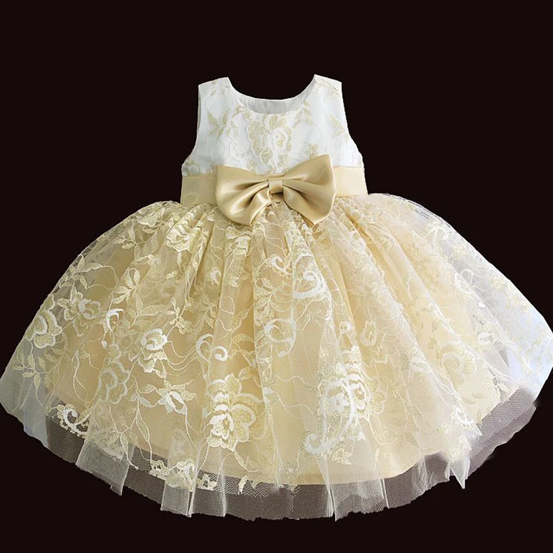 Golden Lace Girl Dress Summer Tutu Wedding Birthday Party Kids Dresses For Girls Children's Costume Bow Ball Gown 3 6 12 24M 3T