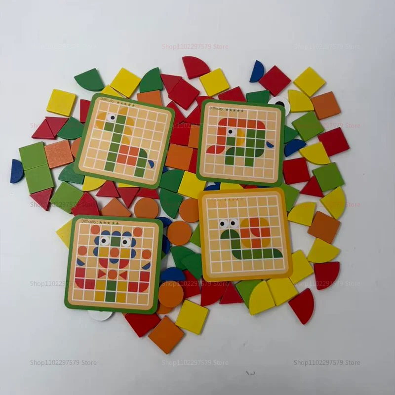 120Pcs Wooden Montessori Mosaic Puzzle Set for Kids 3D Geometric Shape Jigsaw Educational Toy for Early Learning and Development