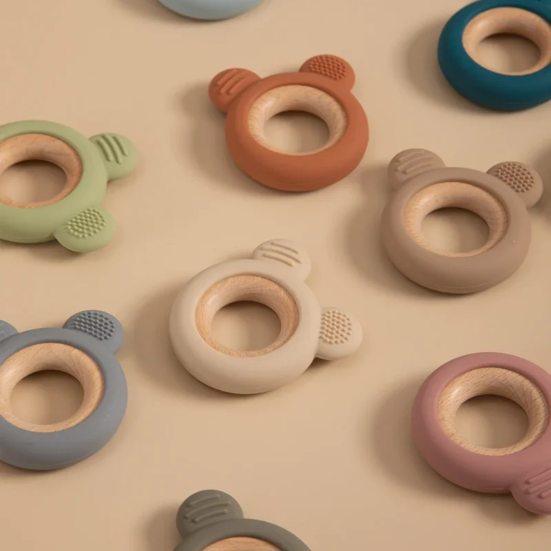 1PC Baby Silicone Wooden Teether Ring Cute Bear Infant Nursing Teething Toys Newborn Health Care Chewing Toy Baby Accessories