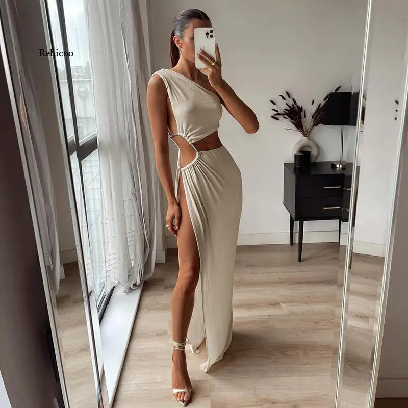 2022 Summer Sexy Oblique Shoulder Sleeveless Cut Out Slit Maxi Dress Elegant Women Party Club Dresses Female New