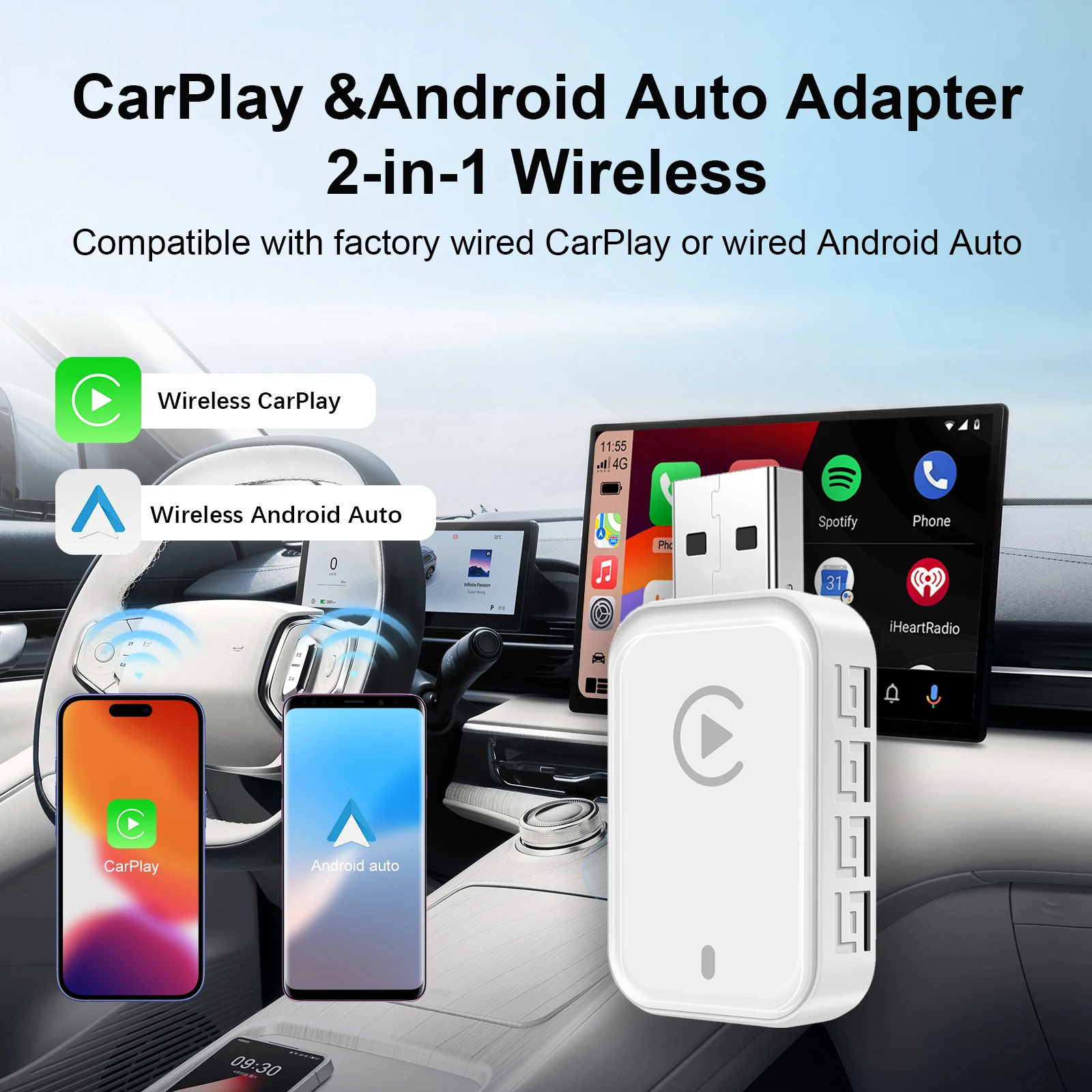 

Беспроводной адаптер CarPlay Android Auto 2-в-1, Plug and Play для автомобильных систем OEM с компактным дизайном, совместимый с 99% автомобилями