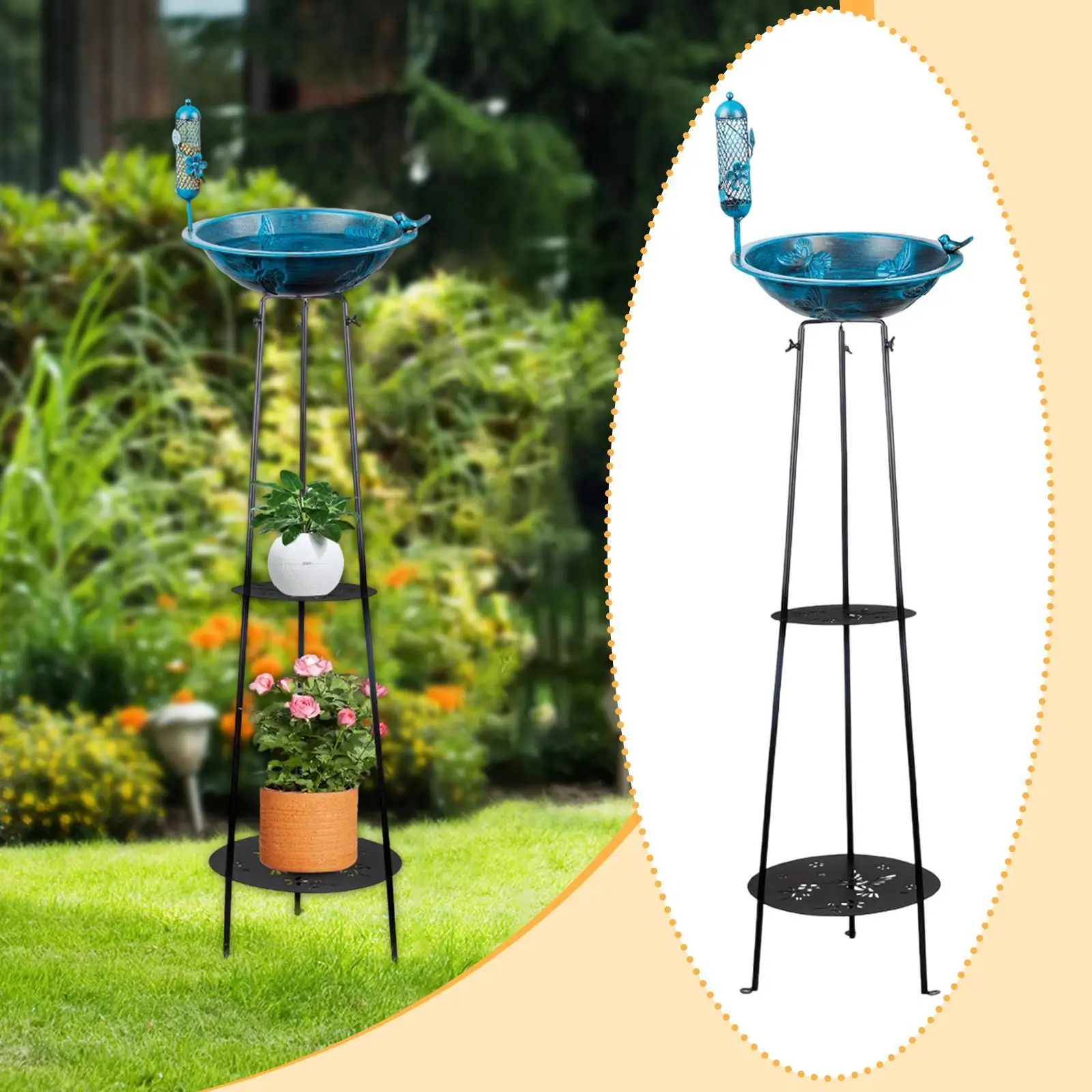 

Outdoor Birdbath and Feeder on Stand Lawn Ornament Multipurpose Wrought Iron