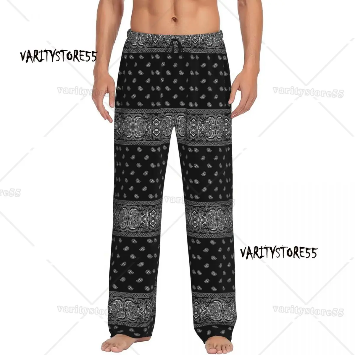 

Custom Printed Men Black And White Paisley Chicano Bandana Style Pajama Pants Sleepwear Sleep Lounge Bottoms with Pockets