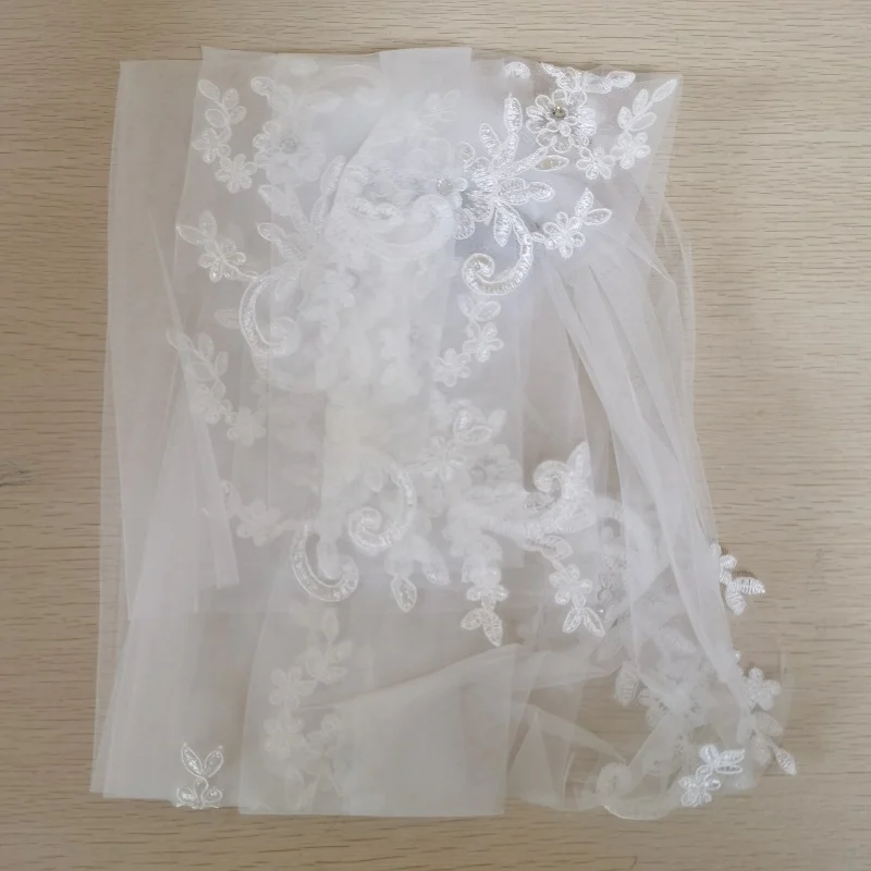 Rustic Single Layer Elbow Length Tulle Sequined Applique Edge Church 90cm White Ivory Bride Veil