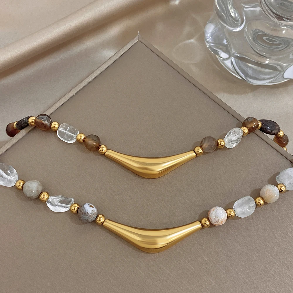 AENSOA Irregular Natural Stone Beaded Necklace Gold Plated Stainless Steel Curved Horn Pendant Non-Fading Necklaces For Women