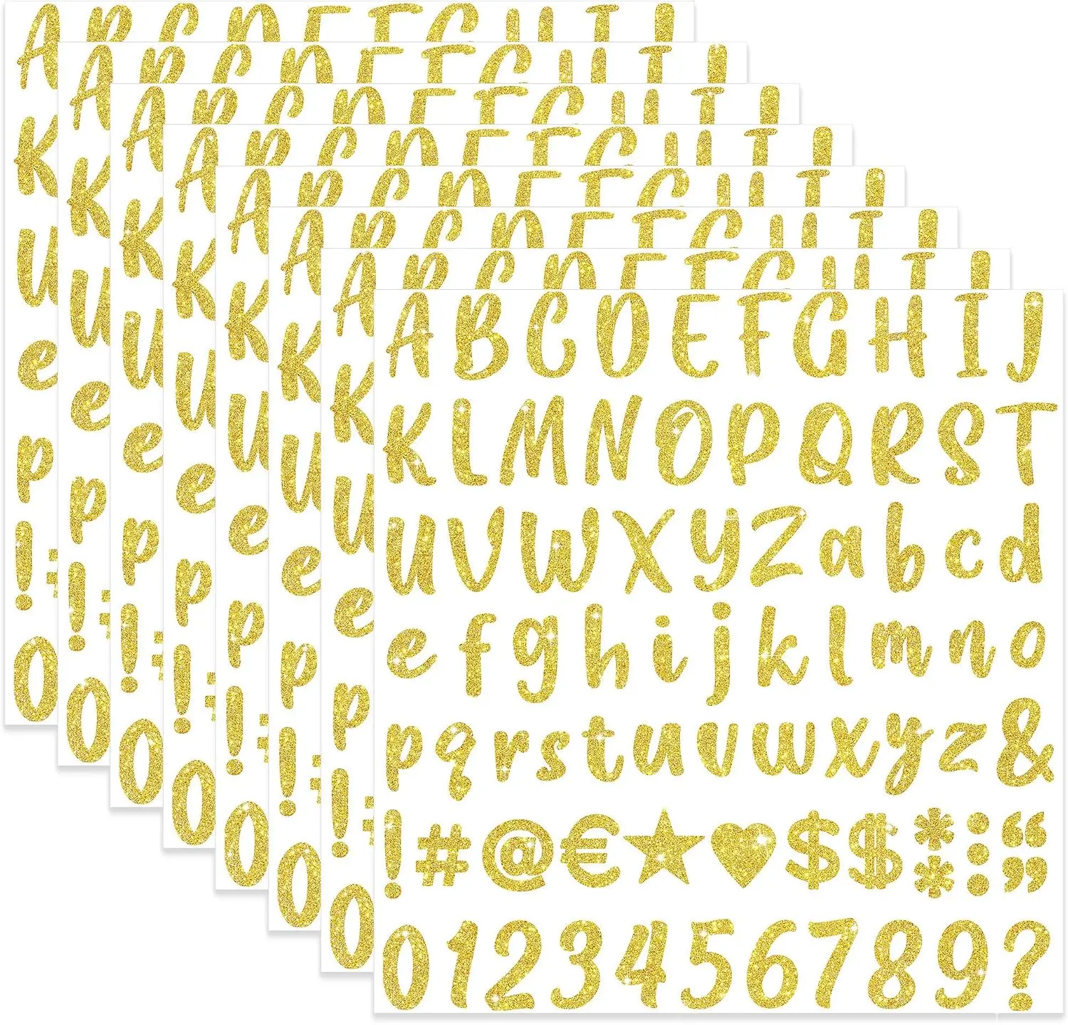 8 feuilles d'autocollants alphabet et chiffres dorés à paillettes de 1 pouce, autocollants pour scrapbooking, journalisation, agenda, bricolage, artisanat, décoration