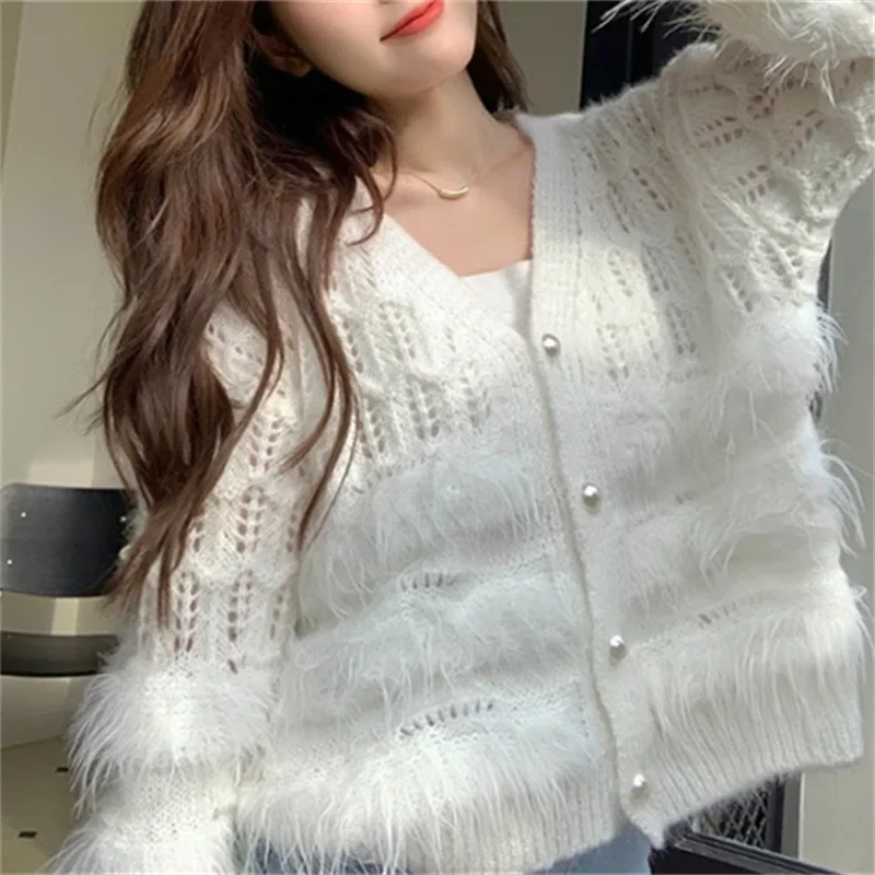 Tassel Knitted Sweater Fairy Elegant Slim Cardigans for Women Autumn Hollowed Out Pearls Button Loose V-Neck Jacket  Knitwear