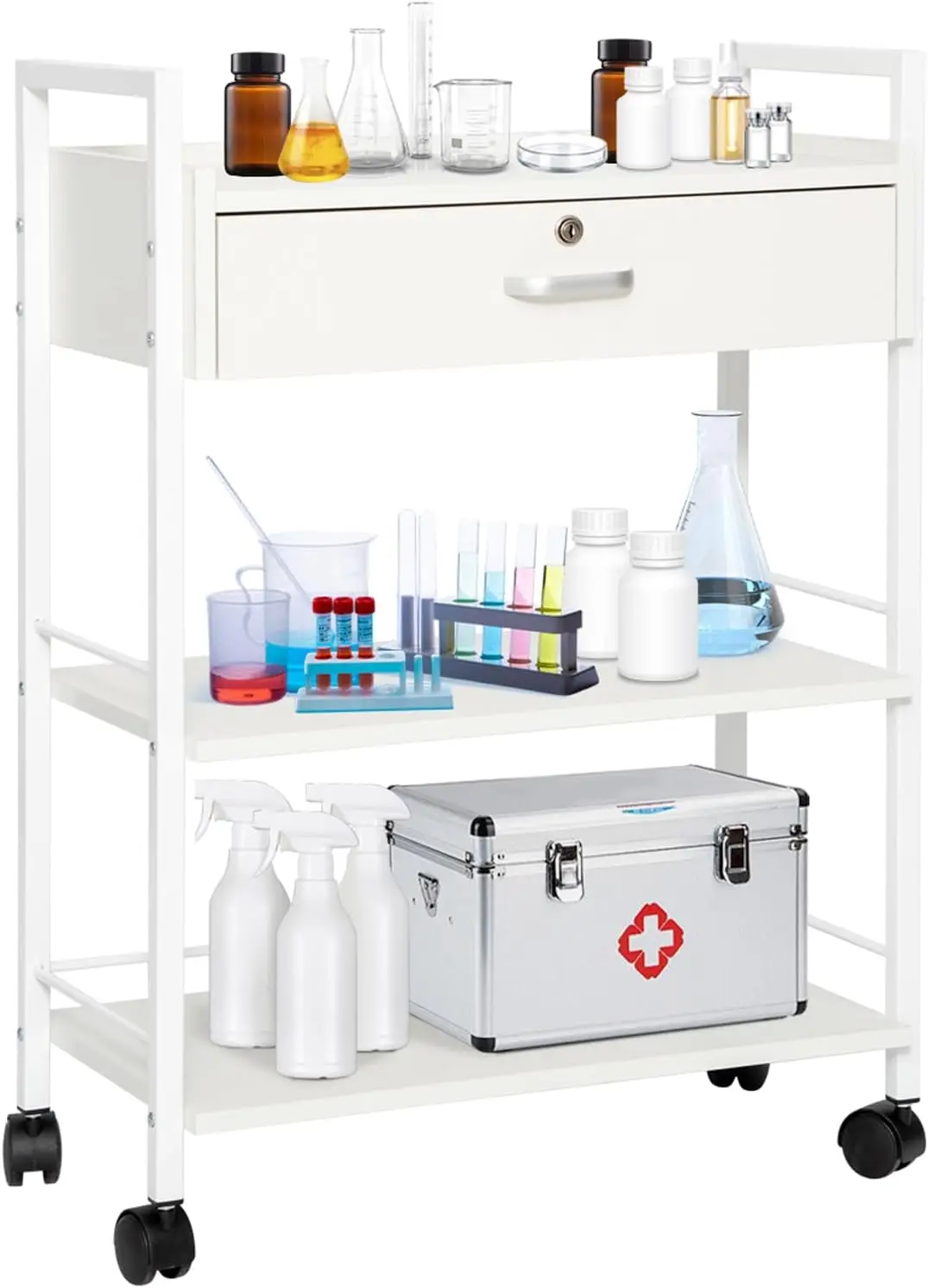3 Tier Salon Trolley Cart with Lockable Drawer, White-Finish Wood | Mobile Esthetician Utility Cart, Hair Stylist Tray Cart, Rol