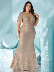 Big Size V-neck Apricot Sparkling Sequined Bridesmaid Dress Wedding Apricot Short Sleeve Luxury Prom Dress