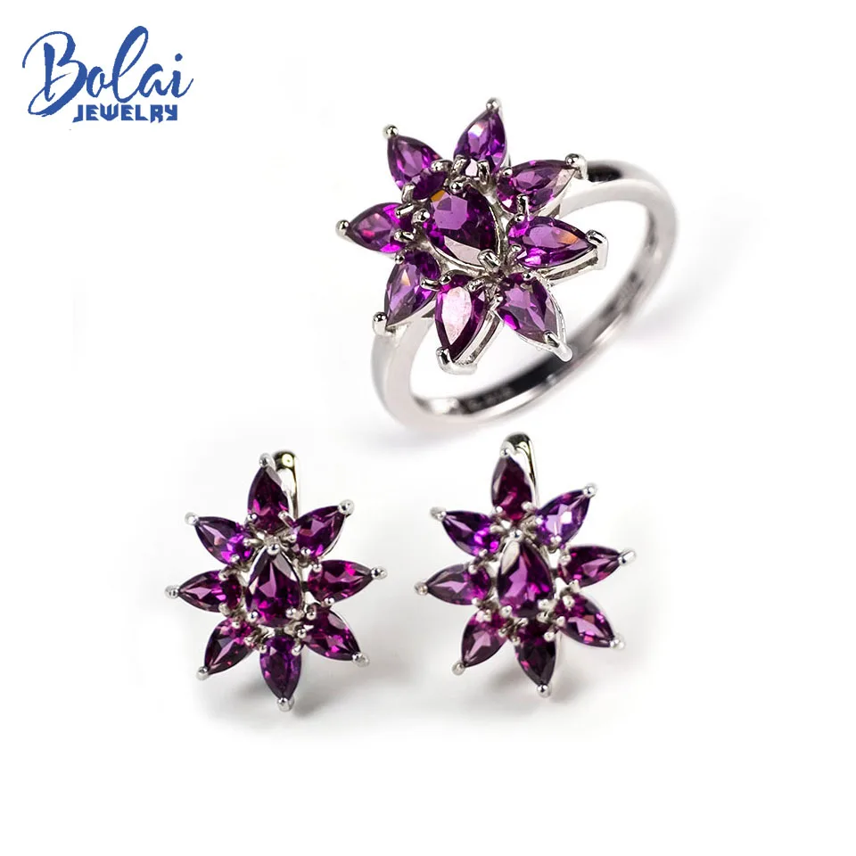 

Bolai 925 Sterling Silver Natural Rhodolite Garnet Jewelry Sets Kits Floral Earrings Lovely Ring for Woman Wife Best Gift 2022