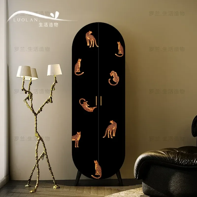 Cream Leopard Print Solid Wood Wine Cabinet Bedroom Bedside Decorative Storage Unit Living Room Corner Integrated Household