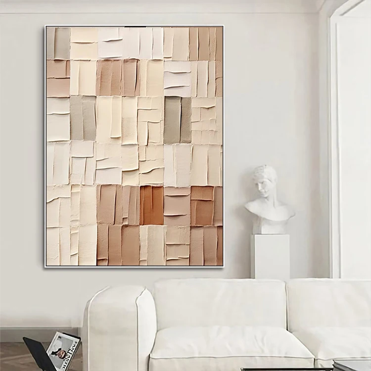 Hotel Decorative Handpainted Wabi-Sabi Still Life Beige Artwork Canvas Plaster Block 3D Painting Abstract Wall Art