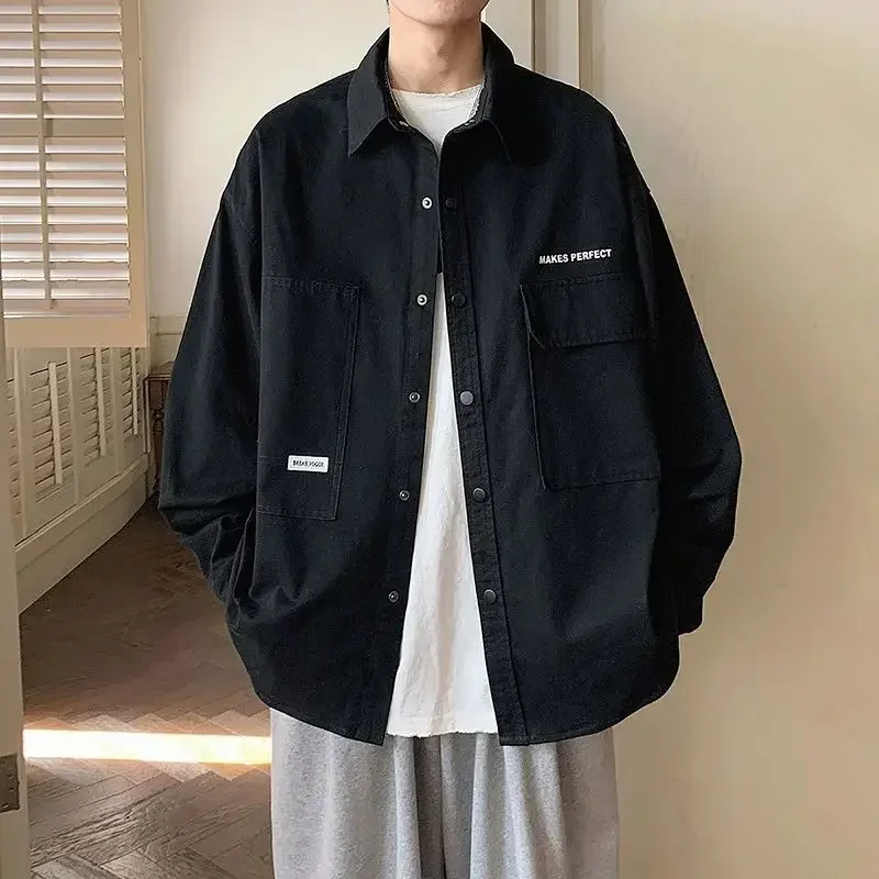 

Fashion Mens Shirts Spring Autumn Casual Solid Long Sleeve Shirt Loose Casual Jacket Retro Youth Casual All-match Top Men Coats