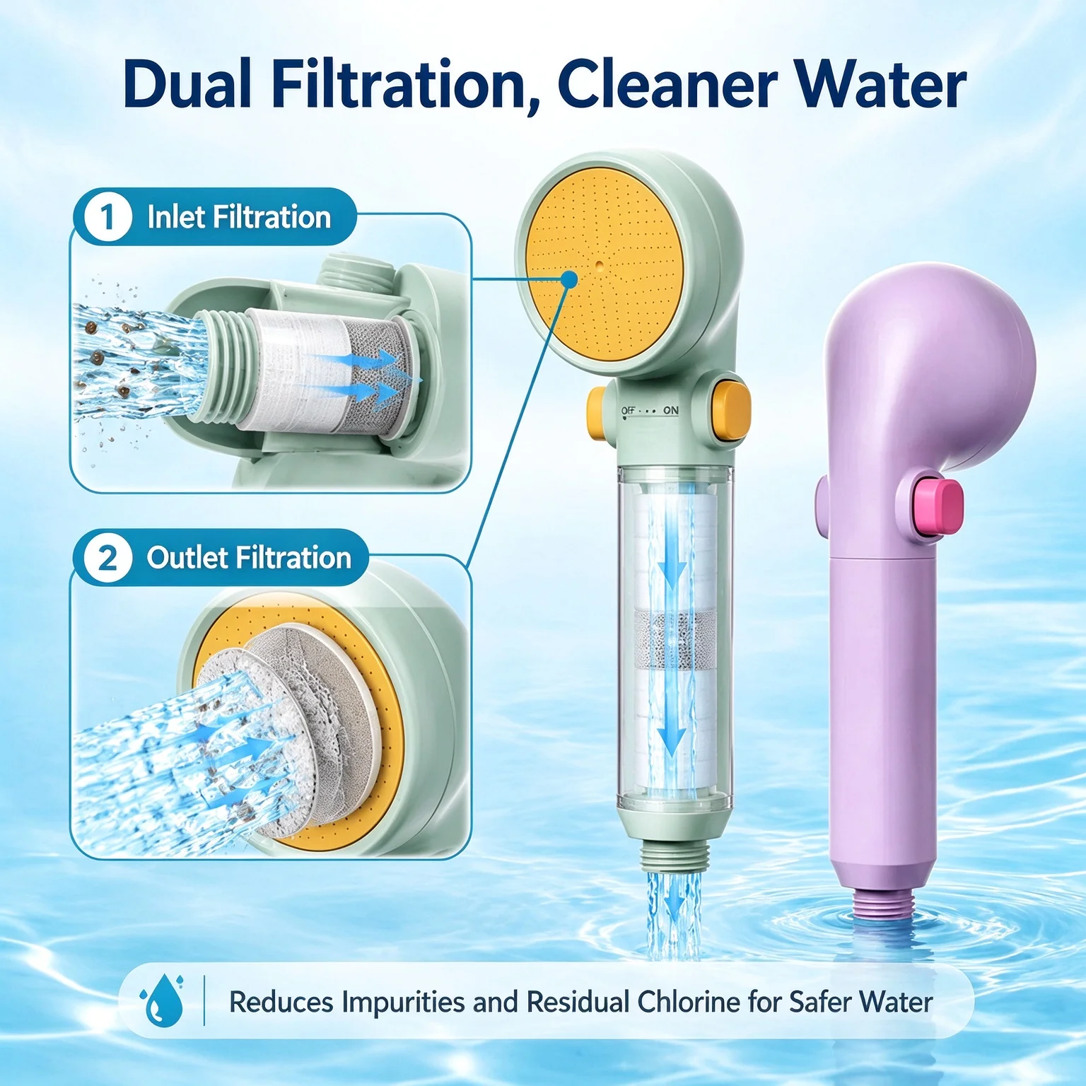 Filtered Handheld Shower Head Baby Bath Sprinkler Dual Filtration Gentle Water Flow Portable On/Off Switch Skin Care Accessory