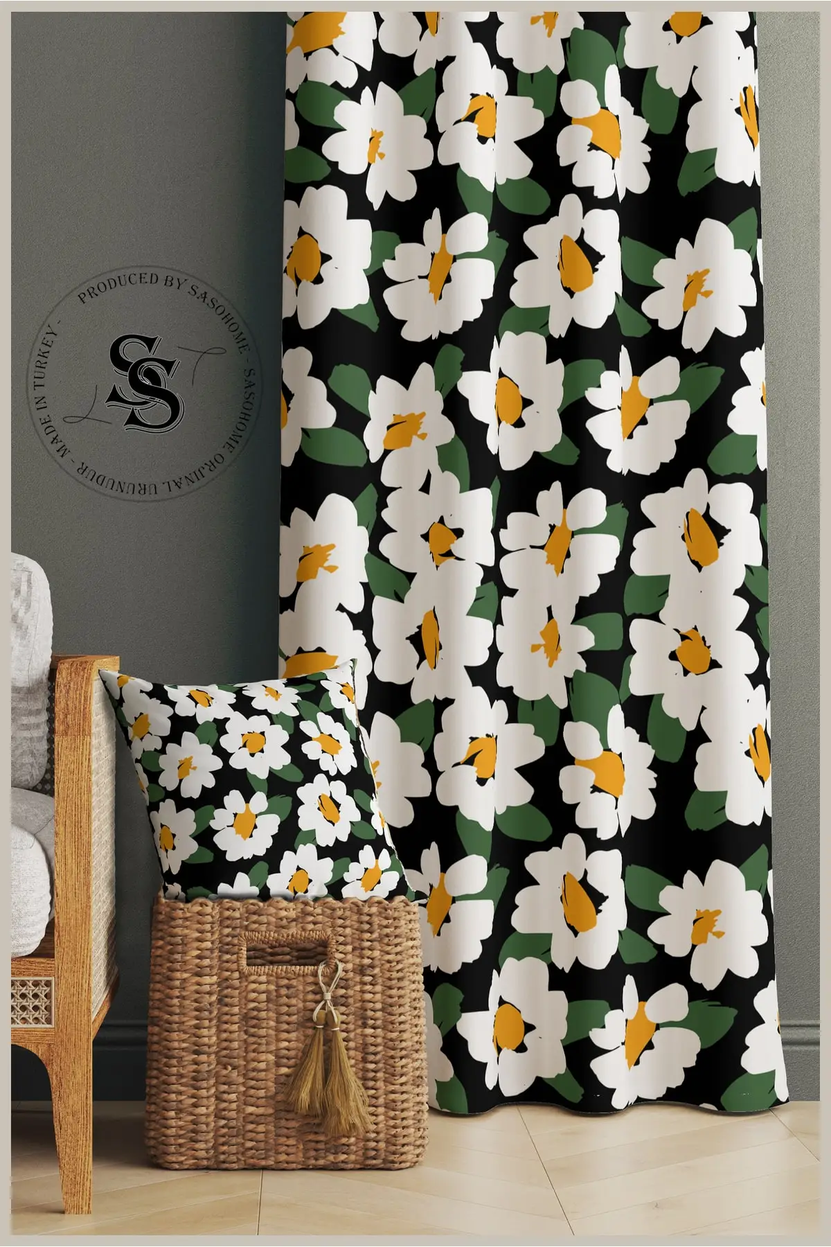 Curtain Yellow Green Spring Daisies Design Velvet 140 X 270 Cm Quality - Digital Printed Backdrop