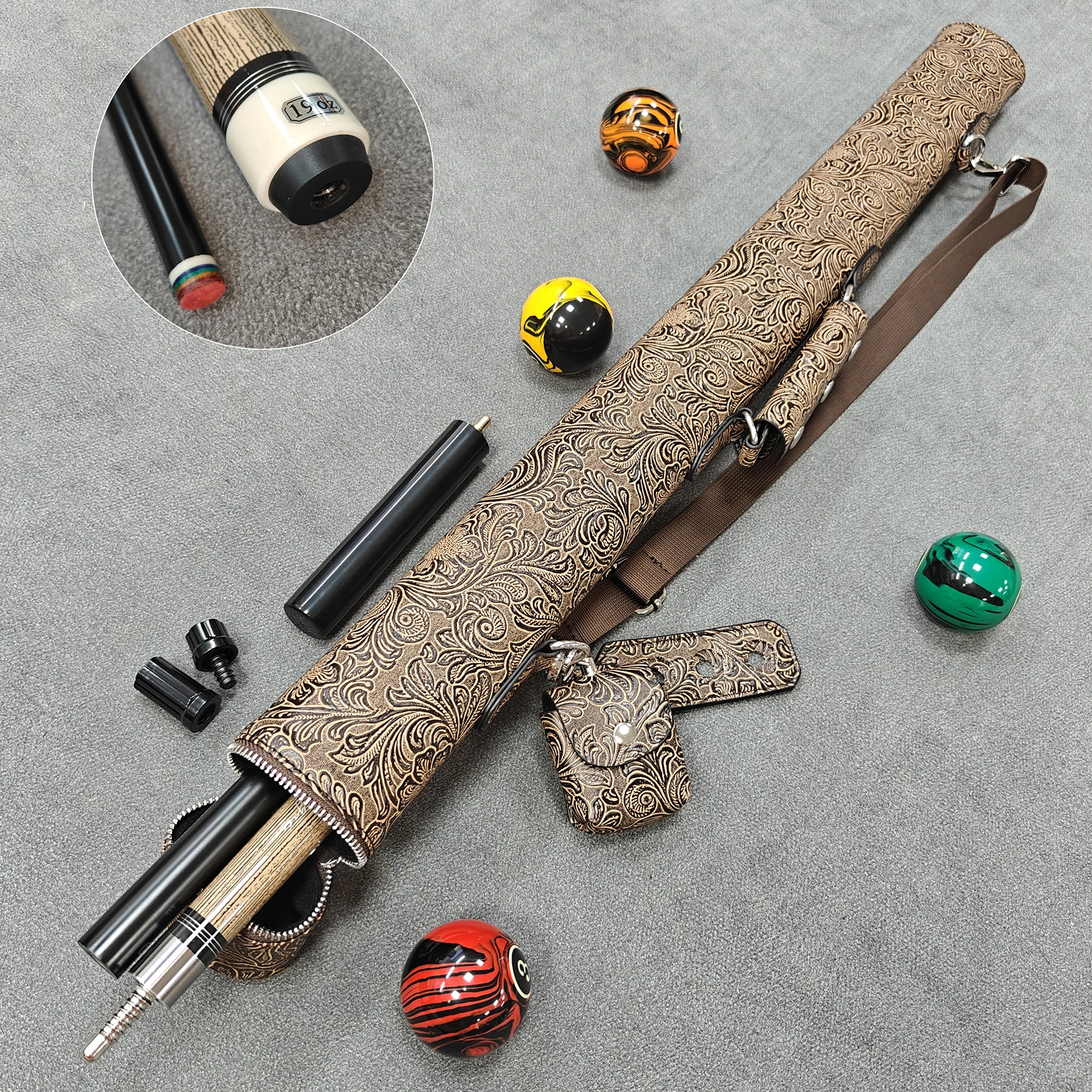 58' 1/2-Split Wood-Grain tech Pool Cue, vintage Embossed Case & Extension Butt, 19oz, 12.5mm Tip, Ideal for Indoor Play