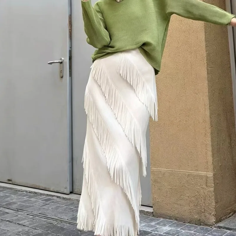 2026 Summer Pleated Tassel Skirt Solid Color Fashion Irregular Slanted fold Jupe Edge Tassel Casual Slim Fit Versatile Skirt