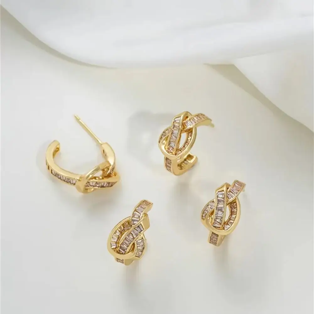 

Inlaid T-shaped Zircon 14K Gold Wrapped Knotted C-shaped Earrings 925 Silver Needles DIY Handmade Earring Accessories Materials