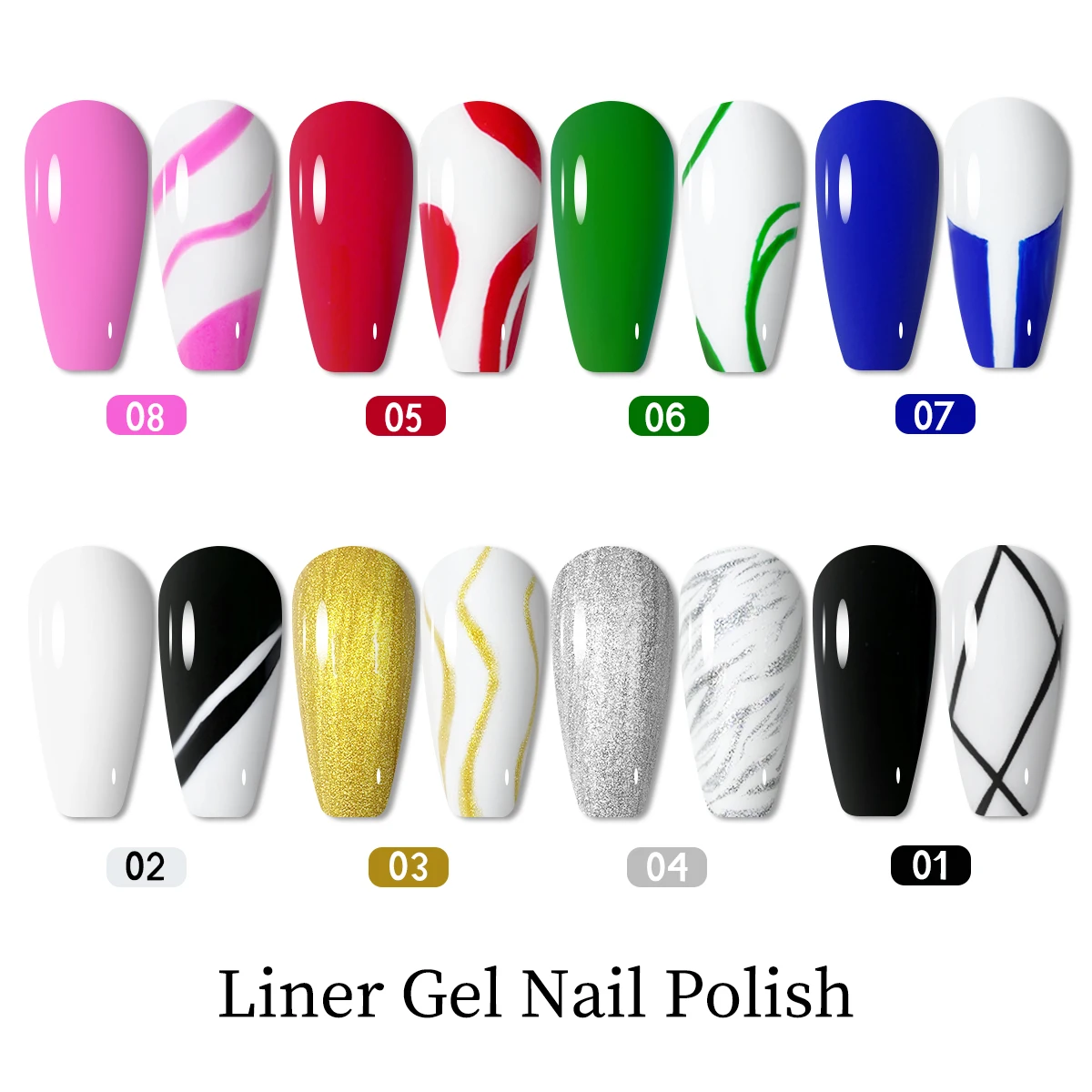 Heimat Frisch 6 Color Gel Nail Liner Set, soak-to-remove hardener, liquid form, alcohol-free, includes a fine detail brush, bl