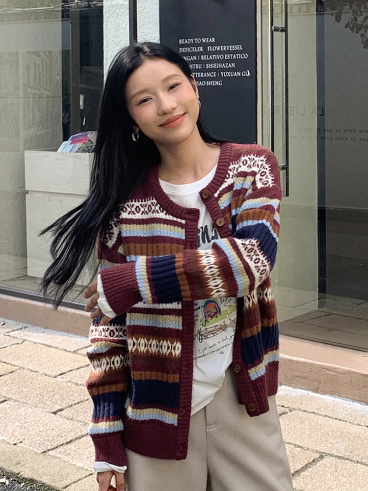 

Boran Casual Stripe Knitted Open Cardigan Long Sleeve Women's Top Retro Style Comfortable Breathable Regular Fit Autumn New A...