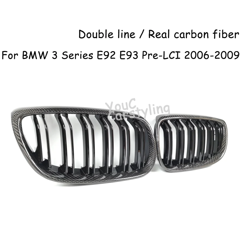 E92 Real Carbon Fiber Dual Line Front Bumper Kidney Grille For BMW E92 E93 3-Series Coupe Convertible 2006-2009 Pre-LCI