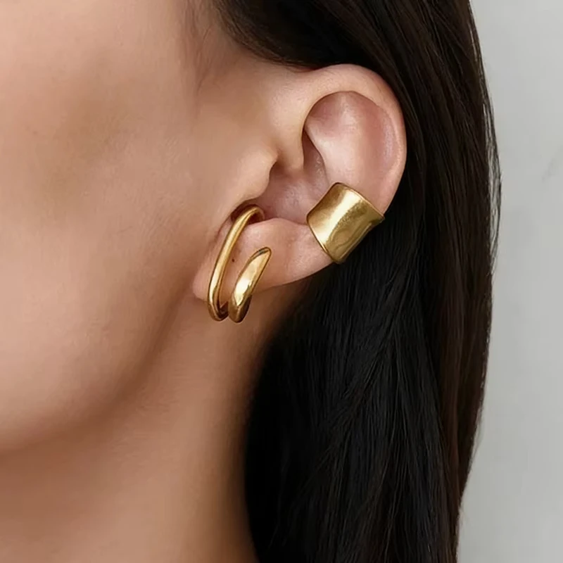 FTCY 2PCS Simple Metal Irregular Ear For Women Fake Piercing  C Shape Cartilage Clip Earrings Non Piercing Jewelry Gifts