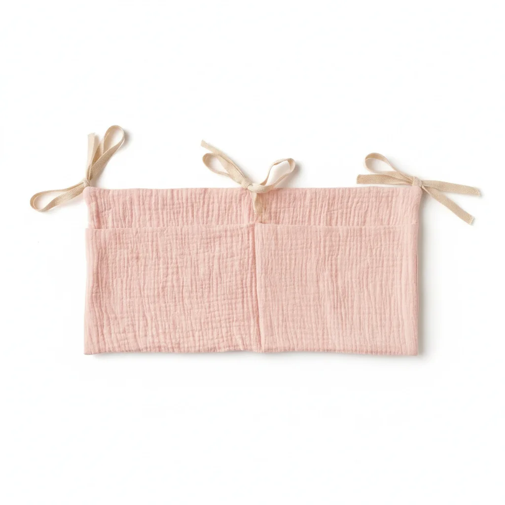 Babybett-Organizer Hängende Aufbewahrungstasche aus Musselin-Baumwolle Windel-Caddy Kinderzimmer Bettseitentasche Hängende Tasche mit Bändern Neu – Detail 6