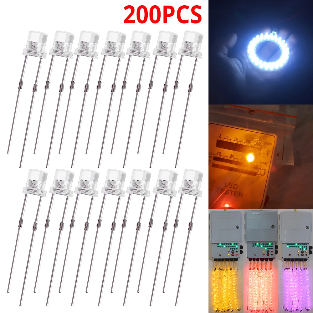 200Pcs Flat Head LED Bead 1.8-3.4V Ultra Bright Top Diode Bulbs Wide Angle Light Emitting Lamp Diodes 3MM Decorate Bulb light