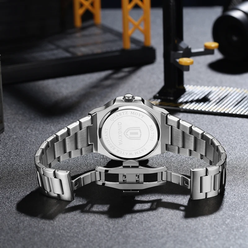 QINGXIYA Fashion Square Quartz Watch for Men High Quality Stainless Steel Waterproof Luminous Calendar Business Men's Watches