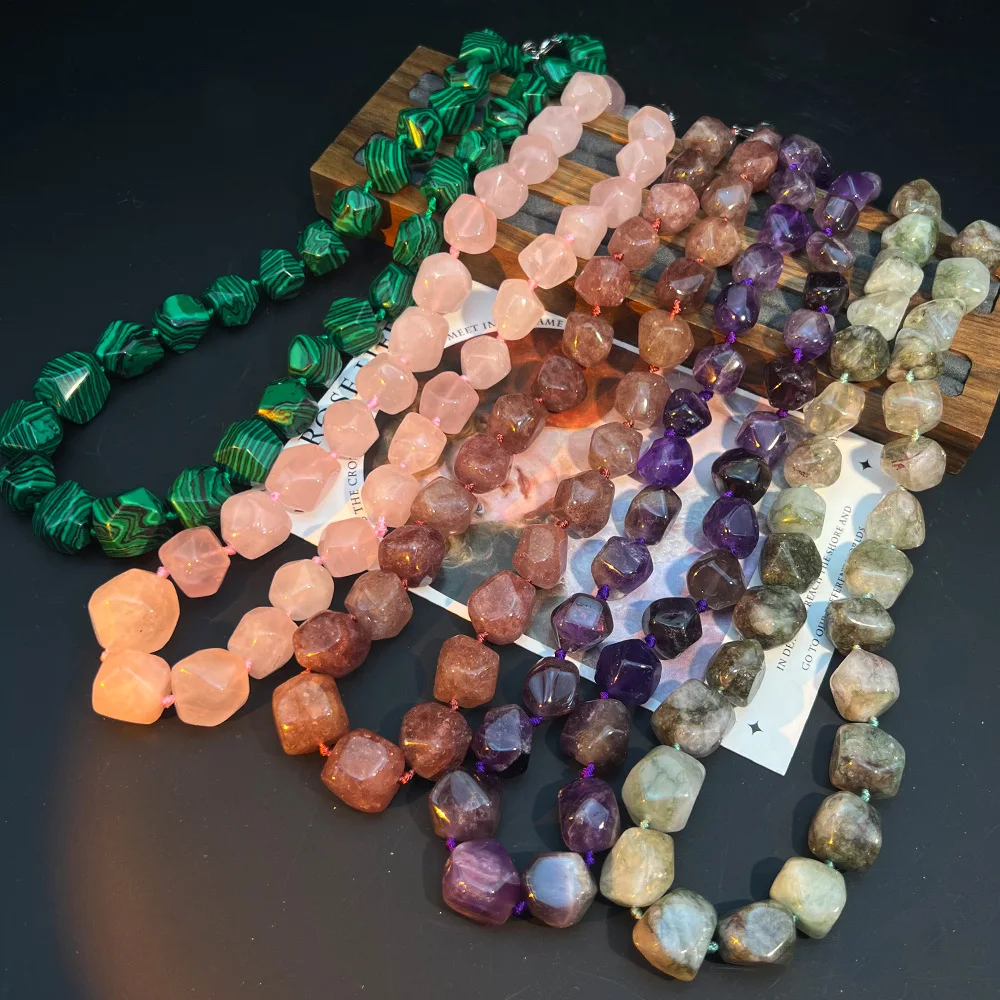 Amethyst Rose Smoky Quartz Prehnite Malachite Natural Stone Multi-Faceted Necklace Retro Long Sweater Chain Collar Women Jewelry