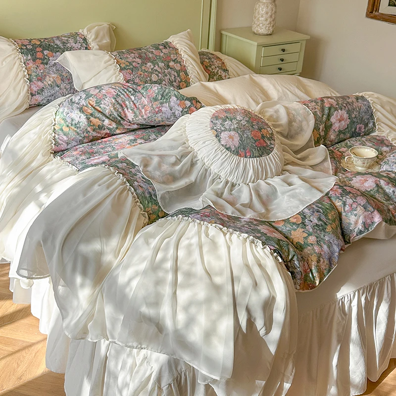 French Cottagecore Vintage Oil Painting Floral 100% Cotton Bedding Set Romantic Ruffles Duvet Cover Bed Skirt Pillowcases 4/5Pcs