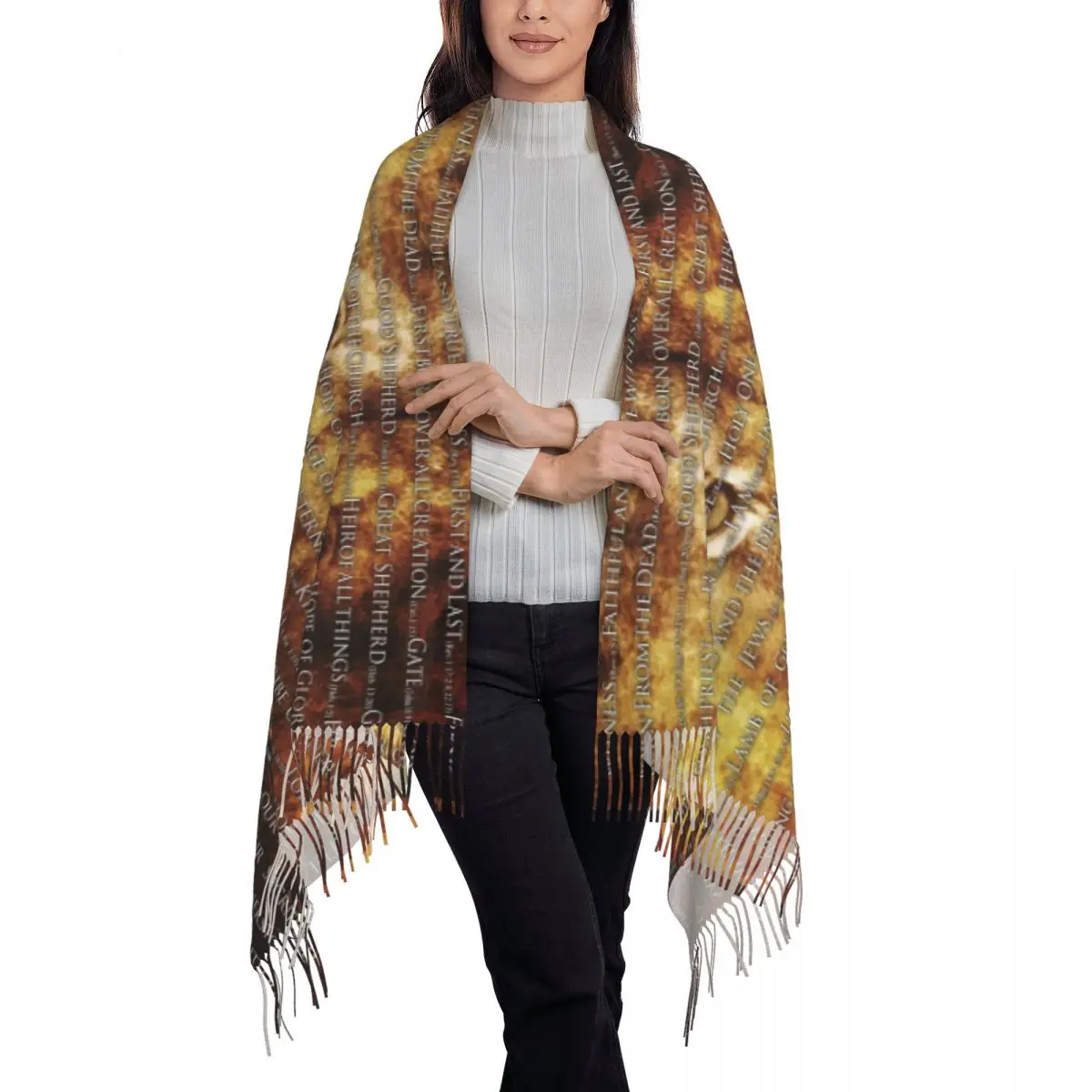 Ladies Long The Names Of God Jesus Lion Scarves Women Winter Thick Warm Tassel Shawl Wraps Christian Catholic Scarf