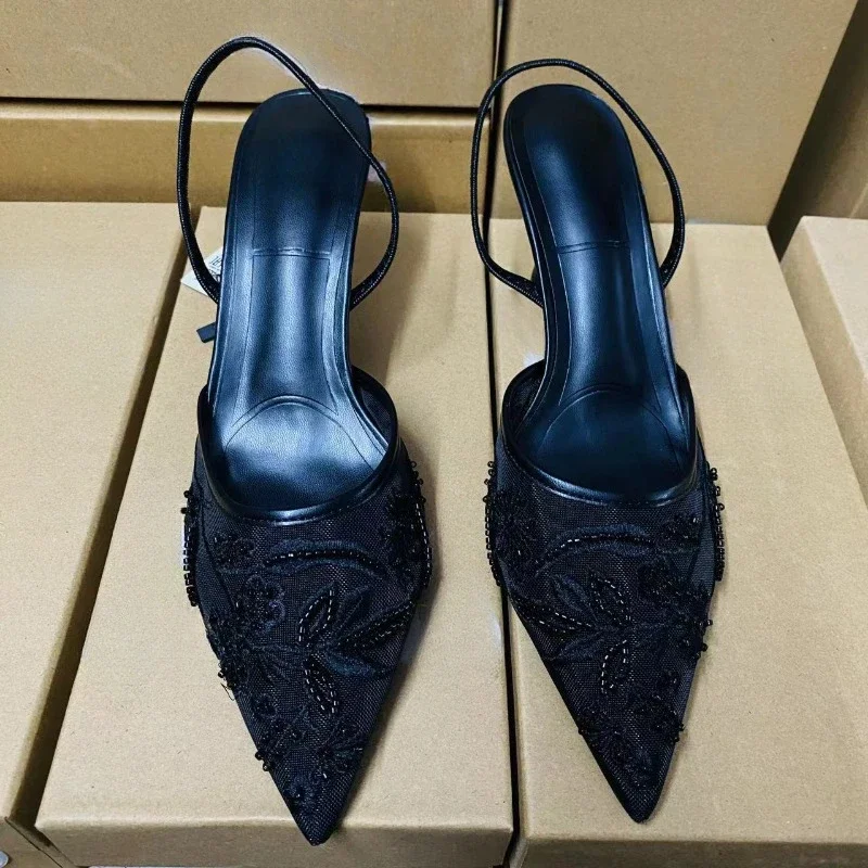 Ladies Flower Mesh Open Heel Sandals Shoes Sexy Designer High Heel Pointed Toe Stiletto Pumps Mules  women sandals image 2