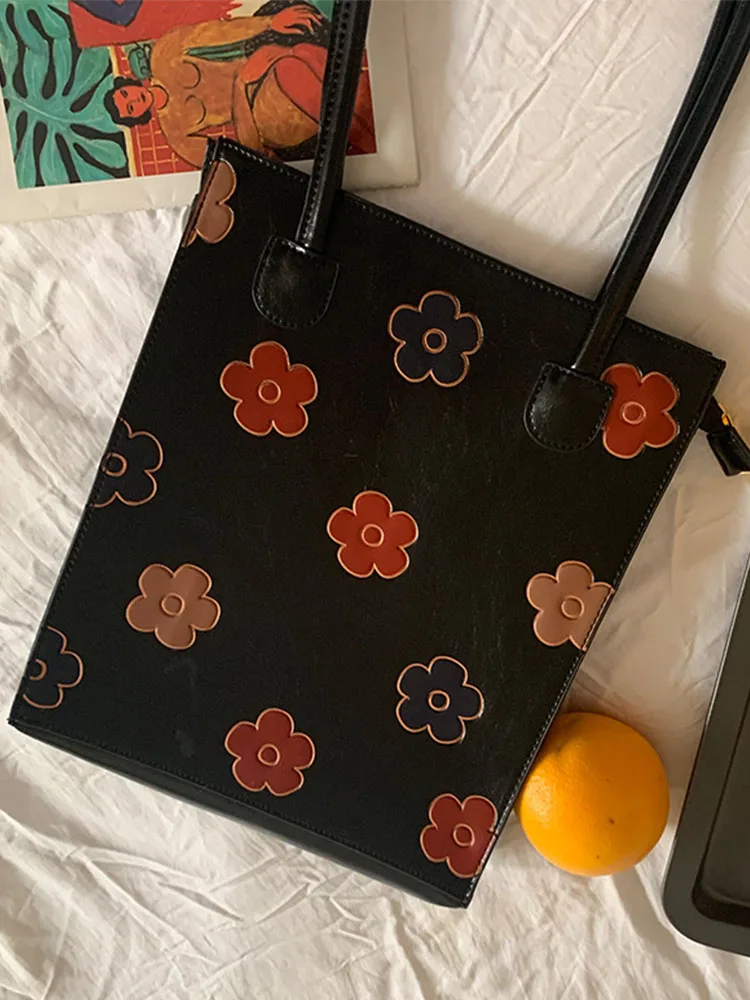 

Fashion Luxury Stylish Black Tote Flower PU Leather Bags Women Vintage Shoulder Bags