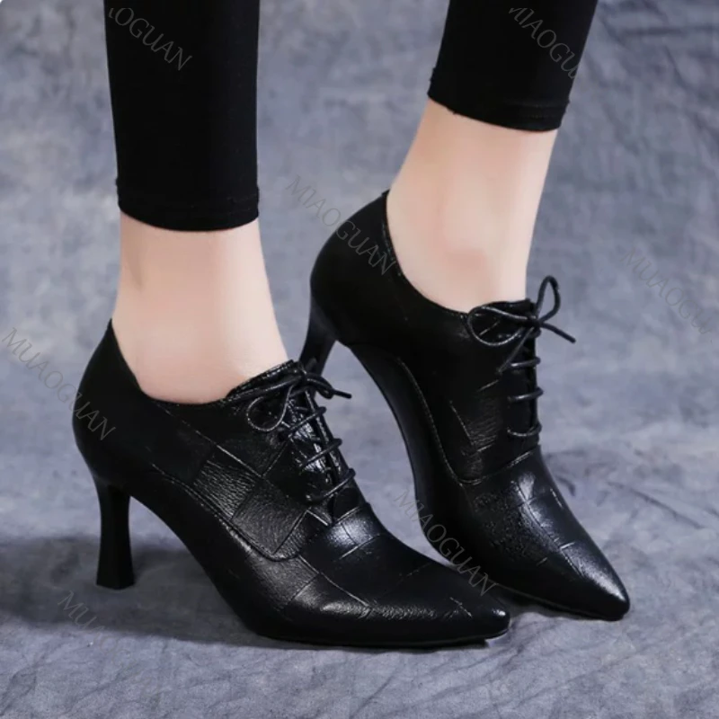 High Heels Hoof Pumps Women Lace Up Pumps PU Leather Shoes Female Fashion Pointed Toe OL Shoes Women Autumn Black Talon Femme