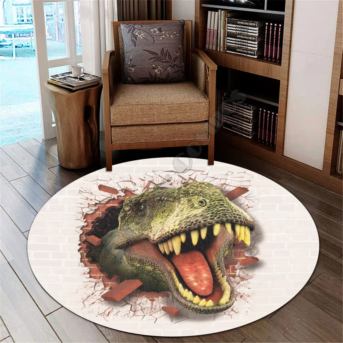 Alfombra redonda Premium con ilusión de dinosaurio, alfombra 3D, alfombra antideslizante para comedor, sala de estar, alfombra suave para dormitorio 01