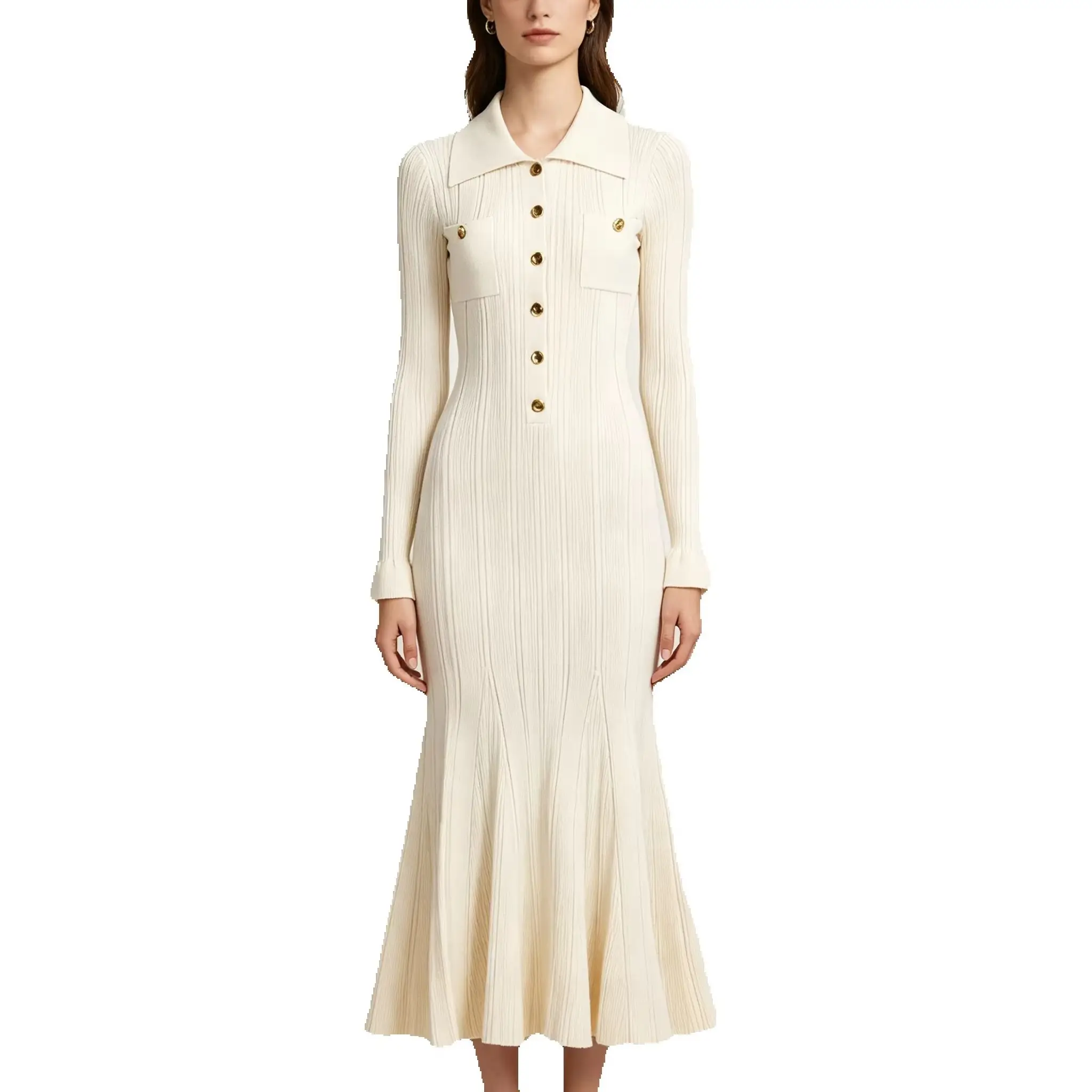 

Autumn European And American New Fashionable And Elegant Women's Long Sleeved Lapel Lace Knitted Versatile Fish Tail Long Dress