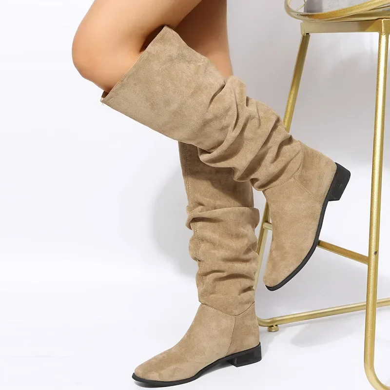 Plisowane buty damskie Czarny Nude Faux Suede Flock Knee High Boot Ladies Flat 2024 Autumn Winter Dress Shoe 43 Solid Slip on Botas