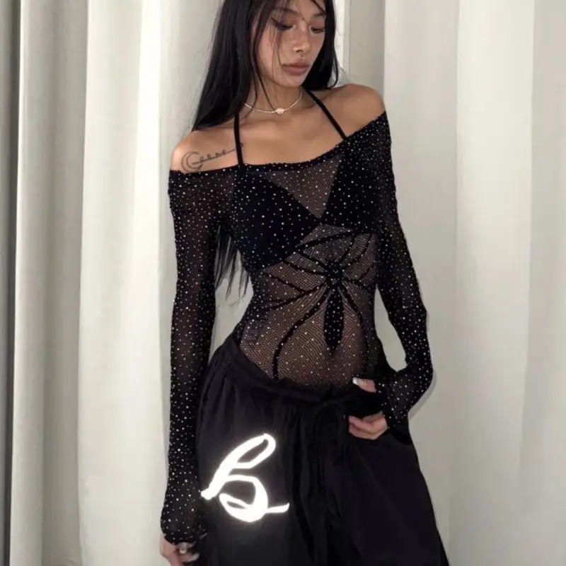 

Готический панк-топ с вырезами в стиле Y2K, женская облегающая футболка с длинным рукавом, гранж, черная, для танцевального клуба, уличная одежда, с принтом паука