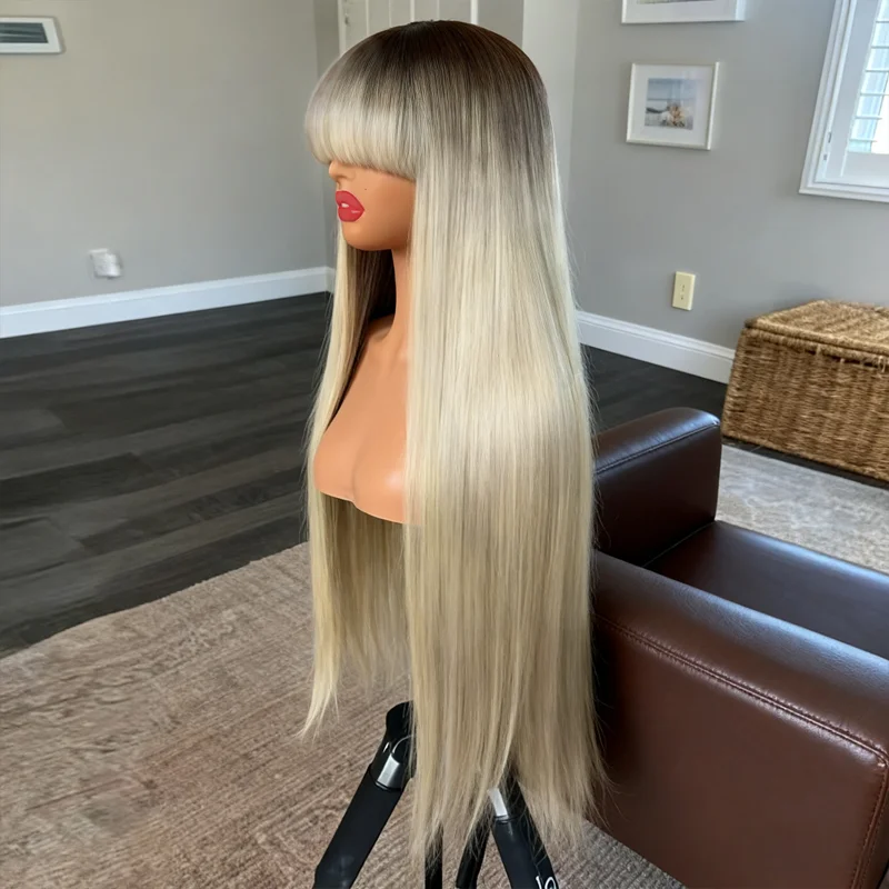 

Long Lace Front Wig Ombre Platinum Blonde Top Lace Wigs with Bangs Cosplay Synthetic Hair Futura High Quality Party Wig Fringe