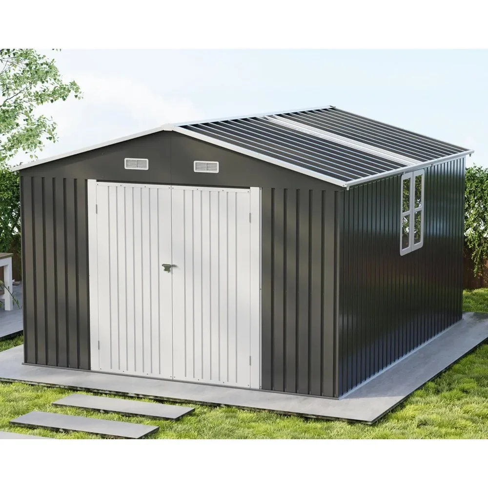

10x12x7 FT Outdoor Storage Shed with 2 Transparent Panels, Metal Garden Shed with Hinged Double Doors, 2 Windows