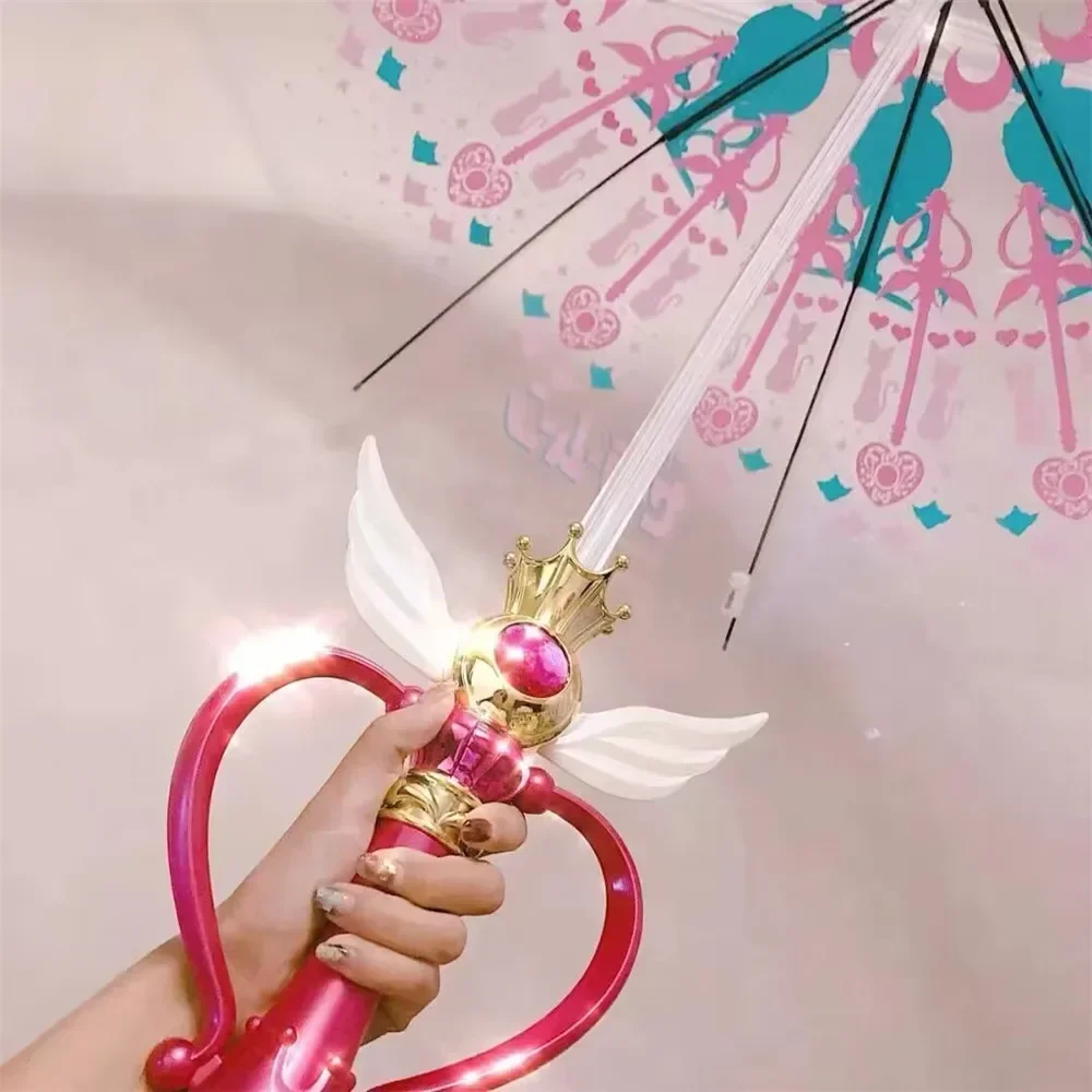 Sailor Moon Umbrella Pink Girls Christmas Gift Tsukino Usagi Luminous Magic Stick Umbrella Transparent Rain Gear Paraguas Women